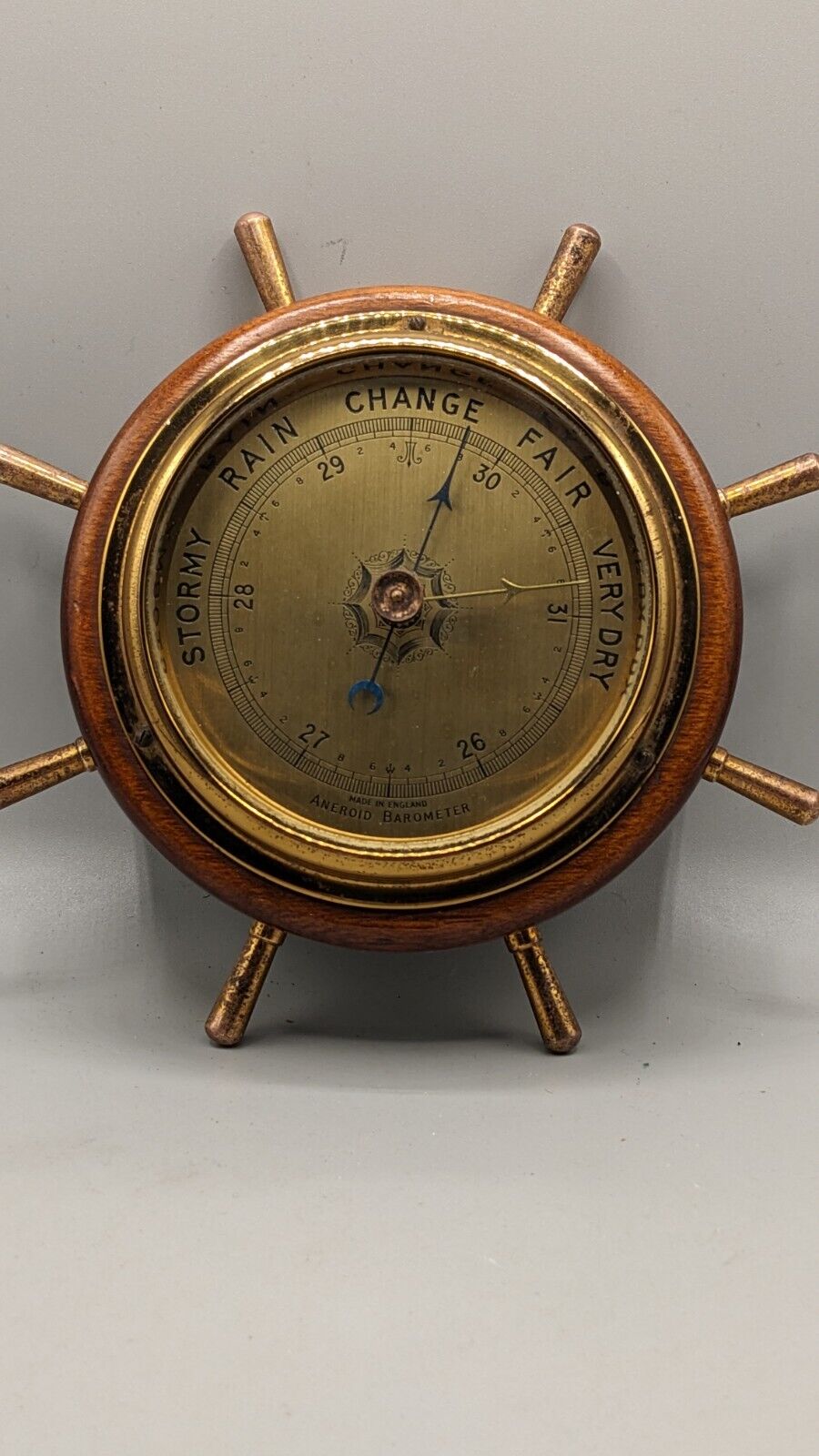 Vintage English Nautical Aneroid Barometer Stylized as a Steering Wheel. ...