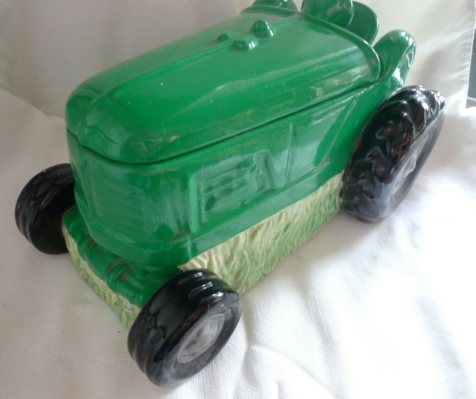Green Lawn Mower Tractor with Seat Vintage Ceramic Cookie Jar with Hood Lid 11\