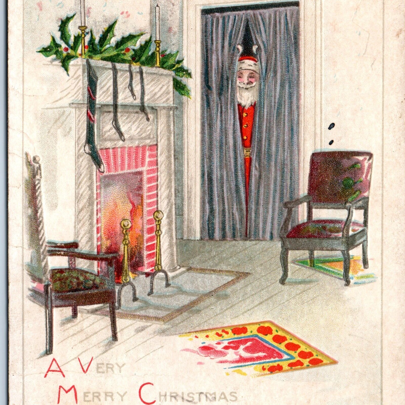 c1918 Santa Claus Hiding Christmas Postcard Embossed Tree Fireplace Rug Seat A76