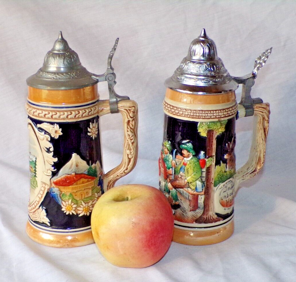 Decorative Two Stein\'s  Lucerne + Alps Vintage Collectable Lidded Man Cave VGC