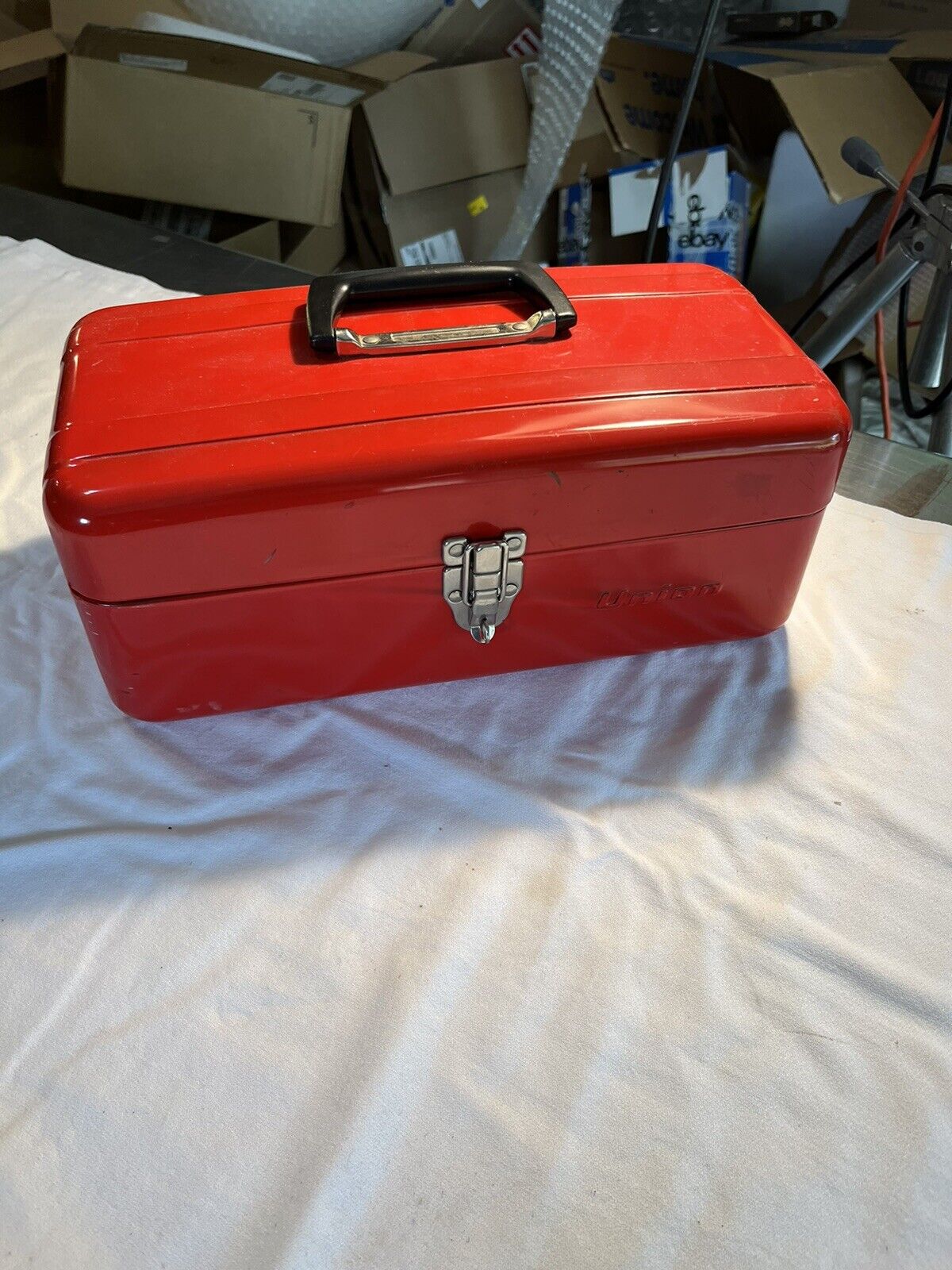 VINTAGE UNION STEEL METAL TACKLE TOOL BOX UTILITY CHEST FISHING GEAR Very Clean