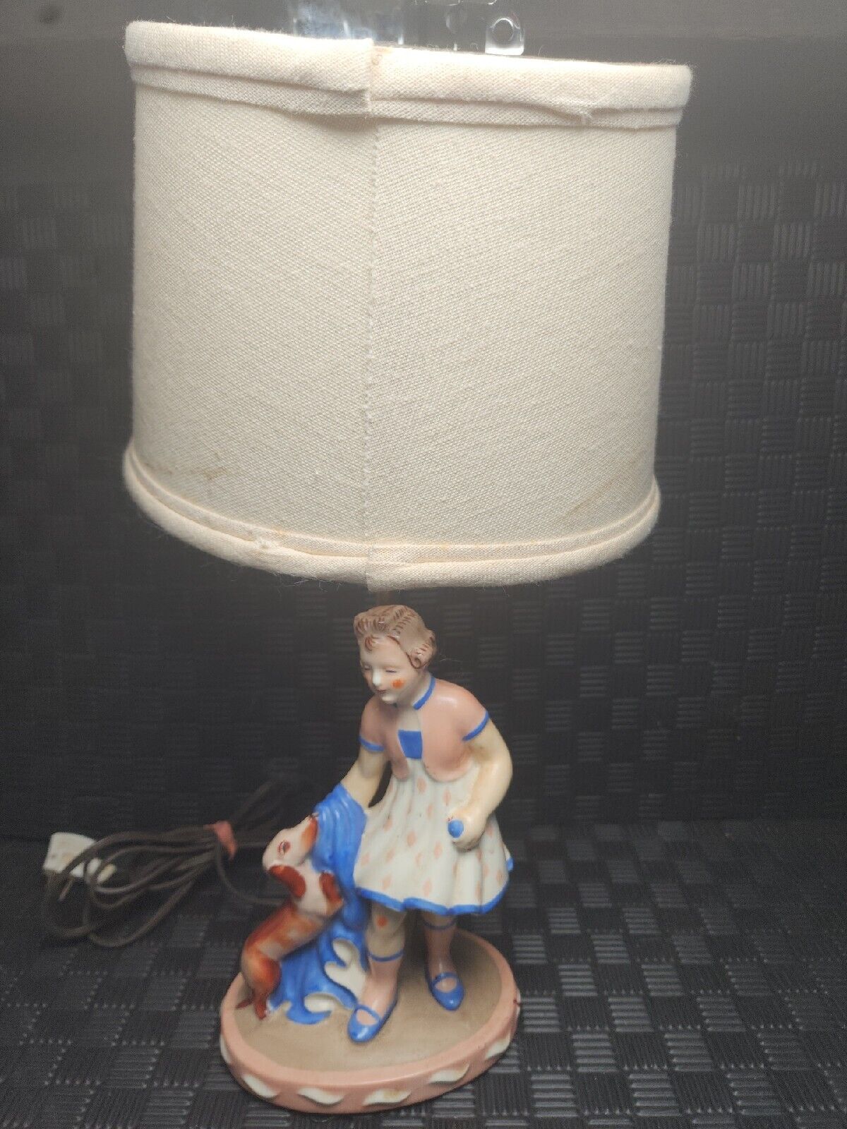 Vintage Statue Lamp Girl Playing With Dog.