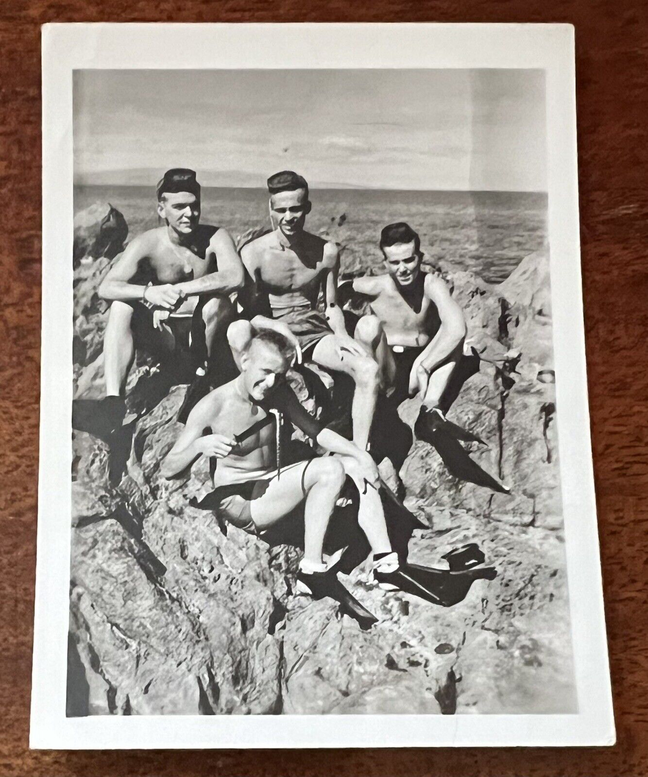VTG c1940s Beefcake Snapshot Photo Four Shirtless Men Snorkeling Gear Swimsuits