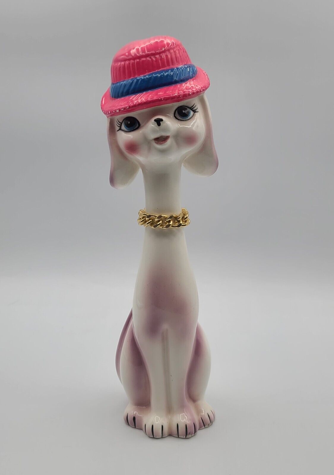 Vtg MCM Kitschy Long Neck Dog Puppy Figurine w/Chain IW Rice & Co Japan See Pics