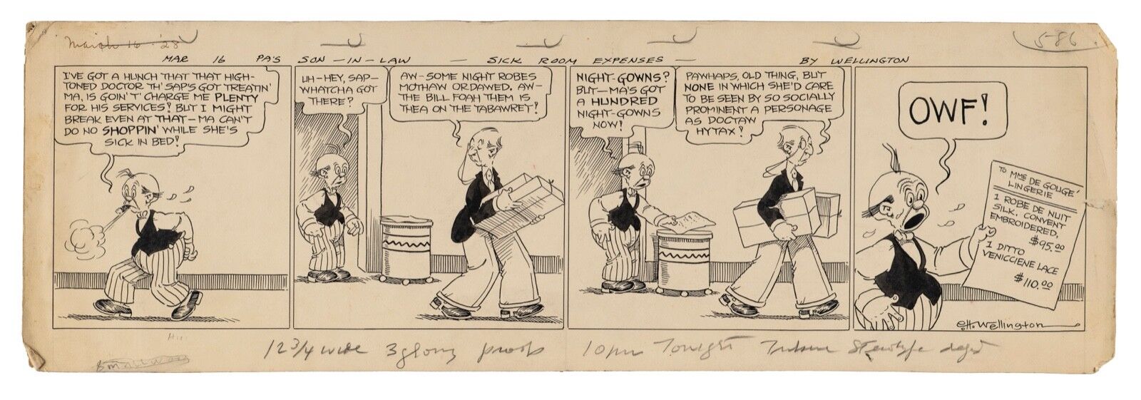 Original 1928 NY Tribune Comic Strip Art Drawing By E.H. Wellington “Sick Room\