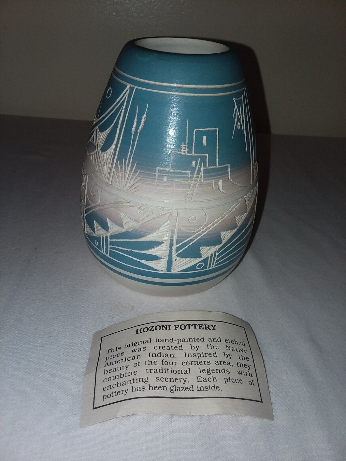 Vintage Hozoni Pottery Navajo Vase Handpainted Hand Etched Artist Signed