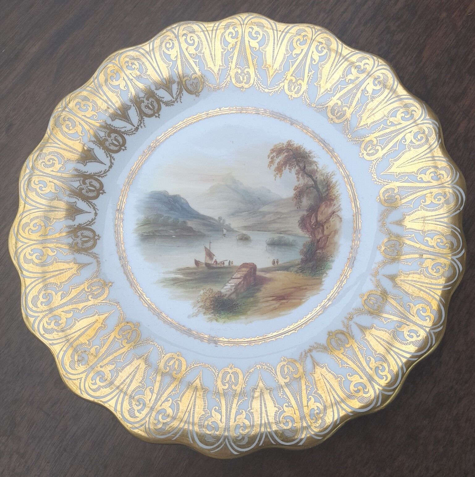 Antique Porcelain Dessert Plate Hand Painted Landscape ornate gilded border