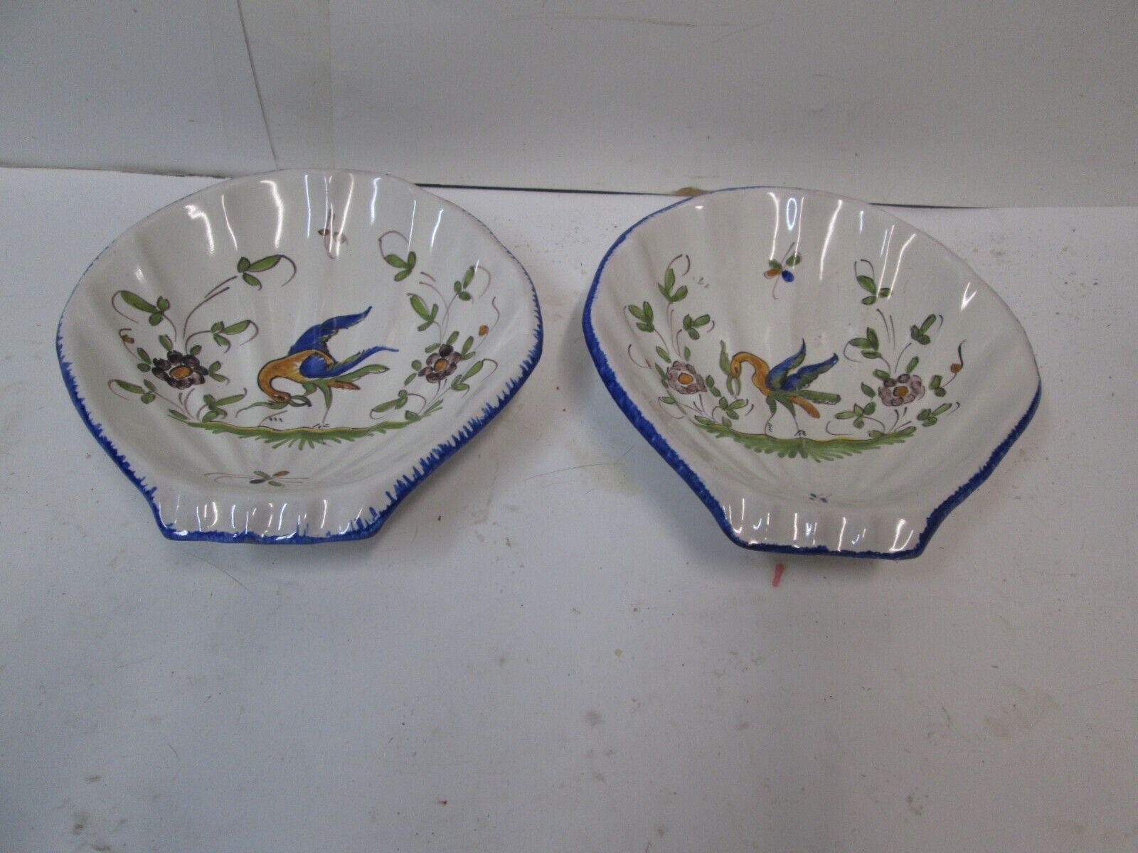 2X DR Royal Moustiers Compote Bird Pedestal Shell Dish Faience France Fait Main