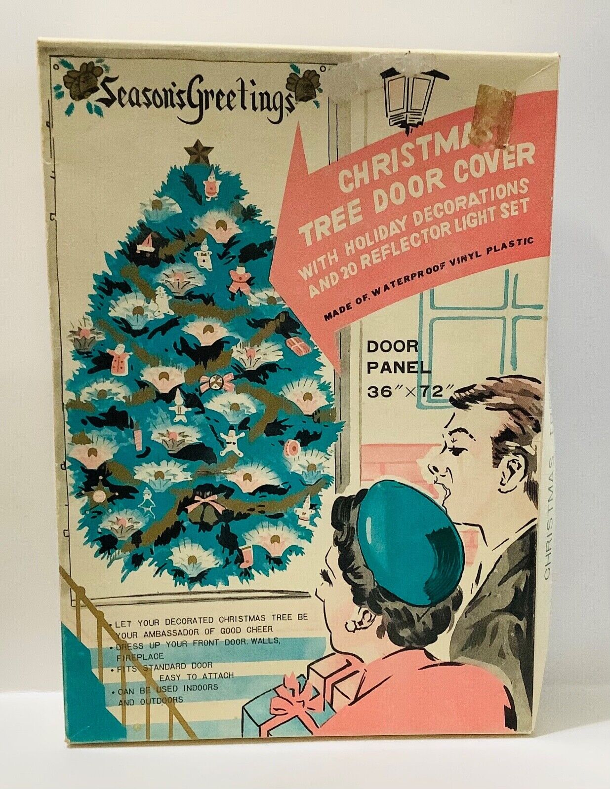 Scarce VTG Christmas Door Cover With 12 Spun Head Ornaments NOS