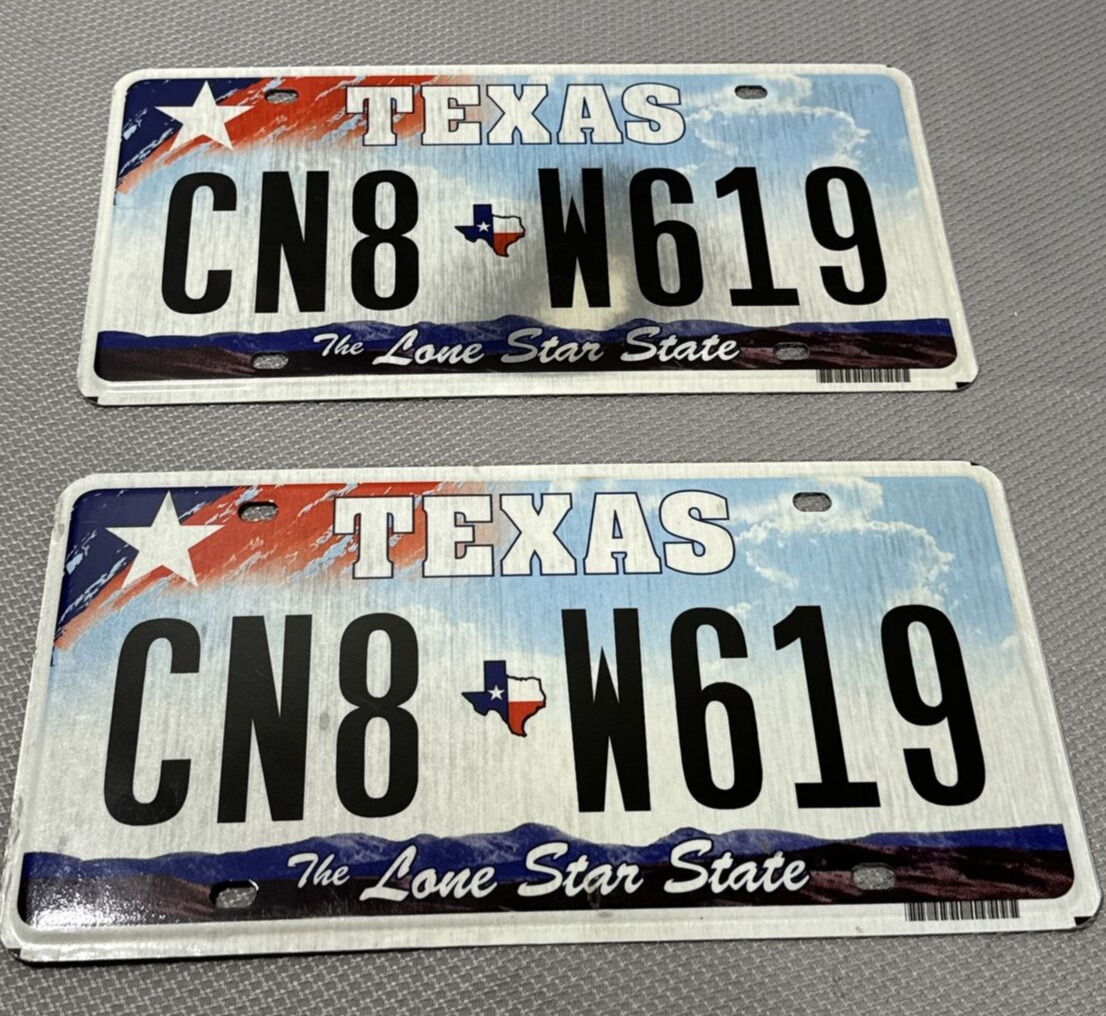 2 Texas License Plates Matching Pair CN8 W619 Year 2011 Red White Blue TX Lot