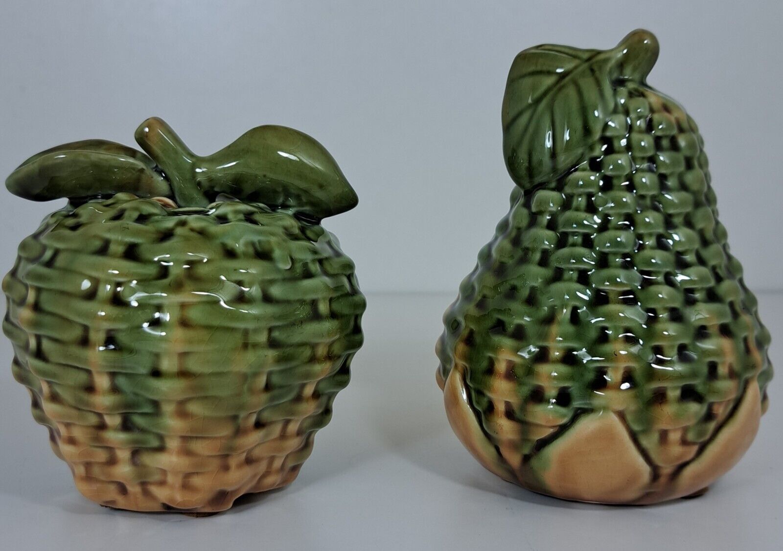 Vtg Ceramic Basket Weave Pattern Pear and Apple MCM Green & Brown Glaze