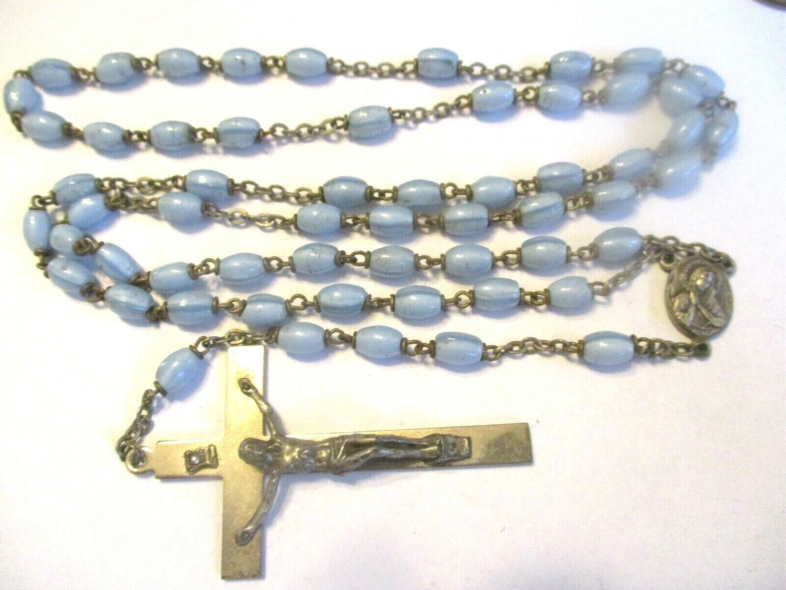 VINTAGE ANTIQUE c1960 BLUE SWIRL GLASS  ROSARY MARY & JESUS RELIGIOUS MEDAL 