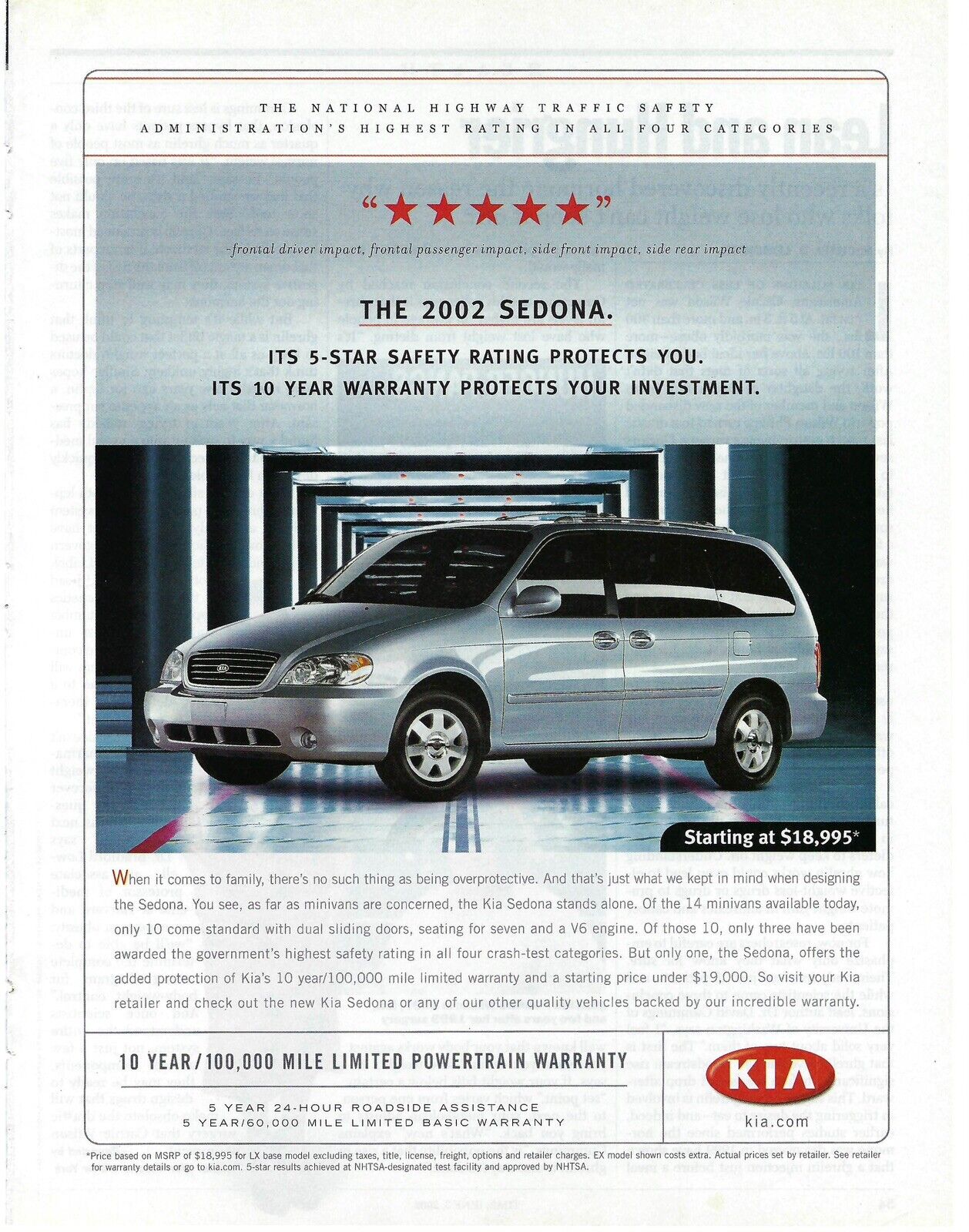 2002 Kia Sedona 5-Star Safety Rating Protects You Vintage Mag Print Ad/Poster