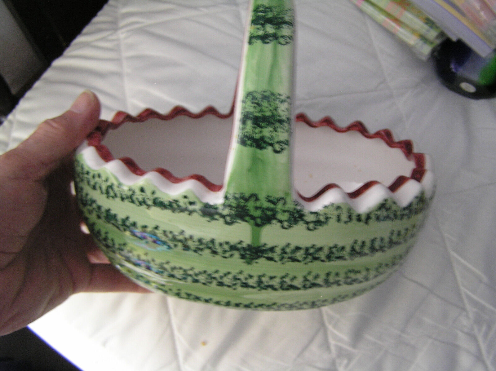 CERAMIC BASKET SHAPED LIKE 1/2 WATERMELON BY NEW HOLLAND FLORAL ABOUT 9X6X8 HIGH