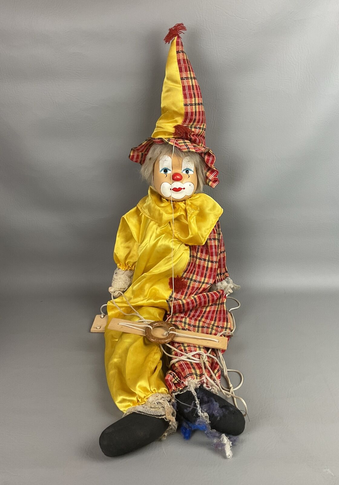 Vintage Circus Clown Boy Porcelain Head String Marionette Puppet on Swing