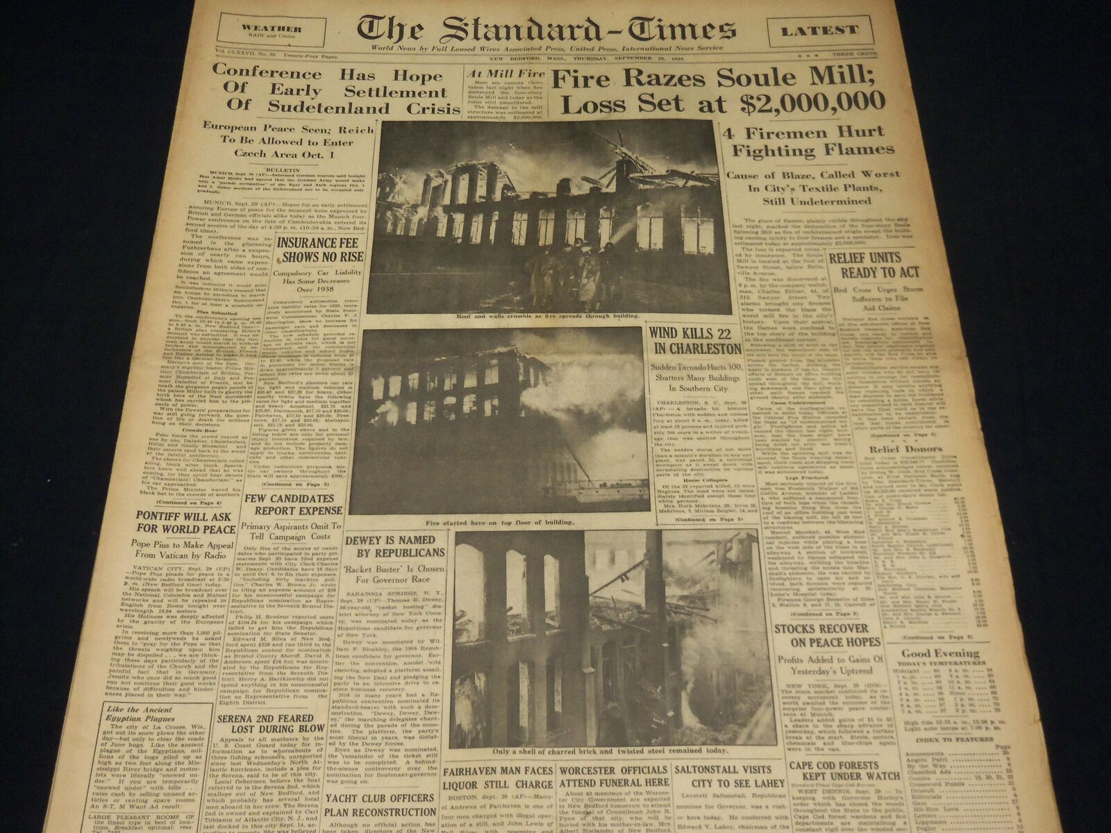 1938 SEPTEMBER 29 NEW BEDFORD STANDARD TIMES - FIRE RAZES SOULE MILL - NT 8915
