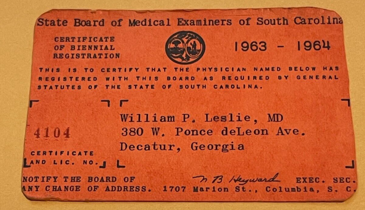 VINTAGE 1963 SOUTH CAROLINA STATE BOARD OF MEDICAL EXAMAINERS MEMBERSHIP CARD