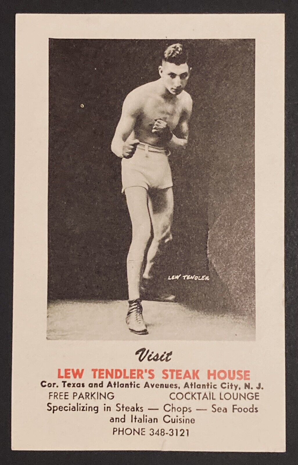 Vintage Rare Boxer Lew Tendler\'s Steakhouse Atlantic City NJ Advertisement Card
