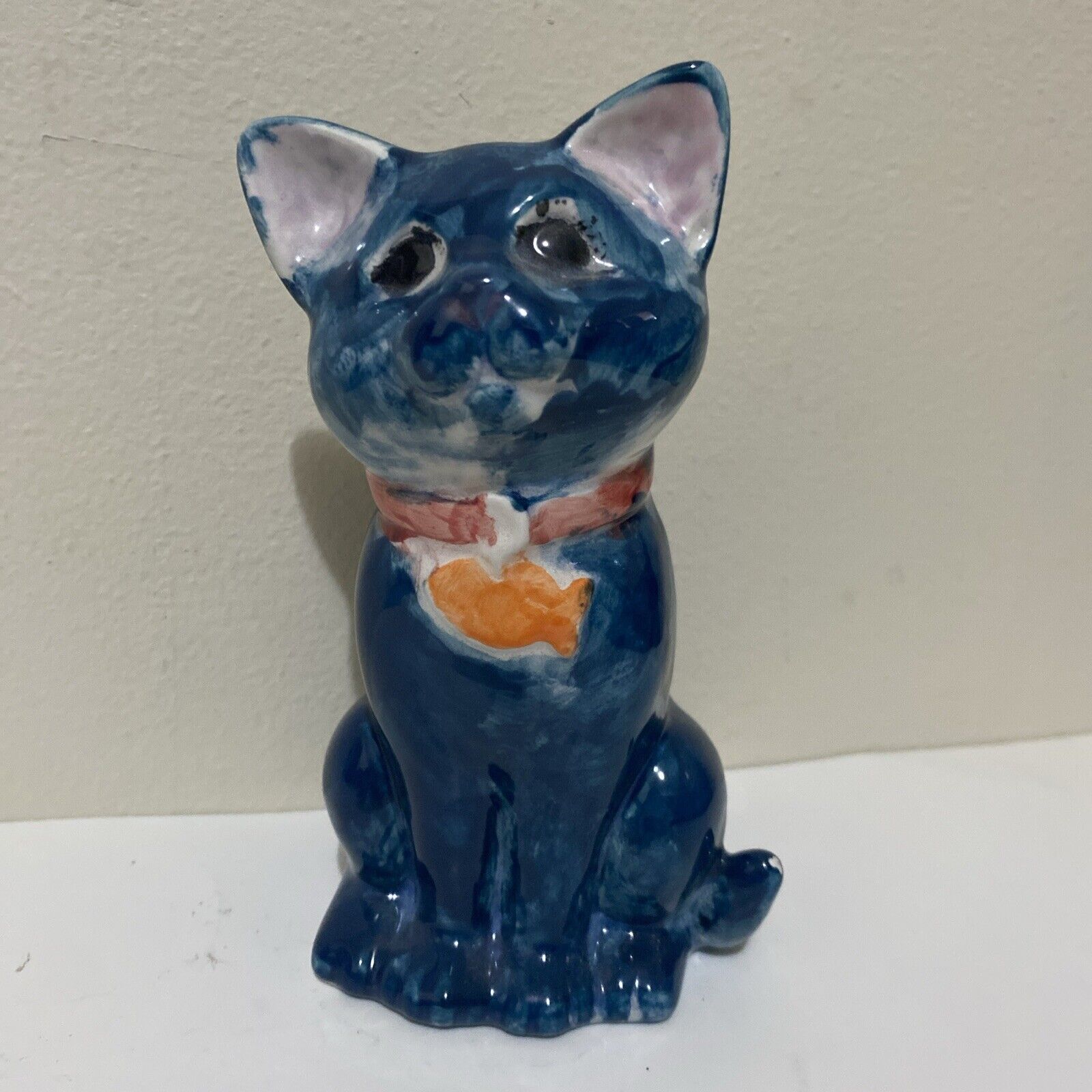 Vintage Ceramic Pottery Cat Kitten Bank / Handpainted Blue Kitschy/MCM