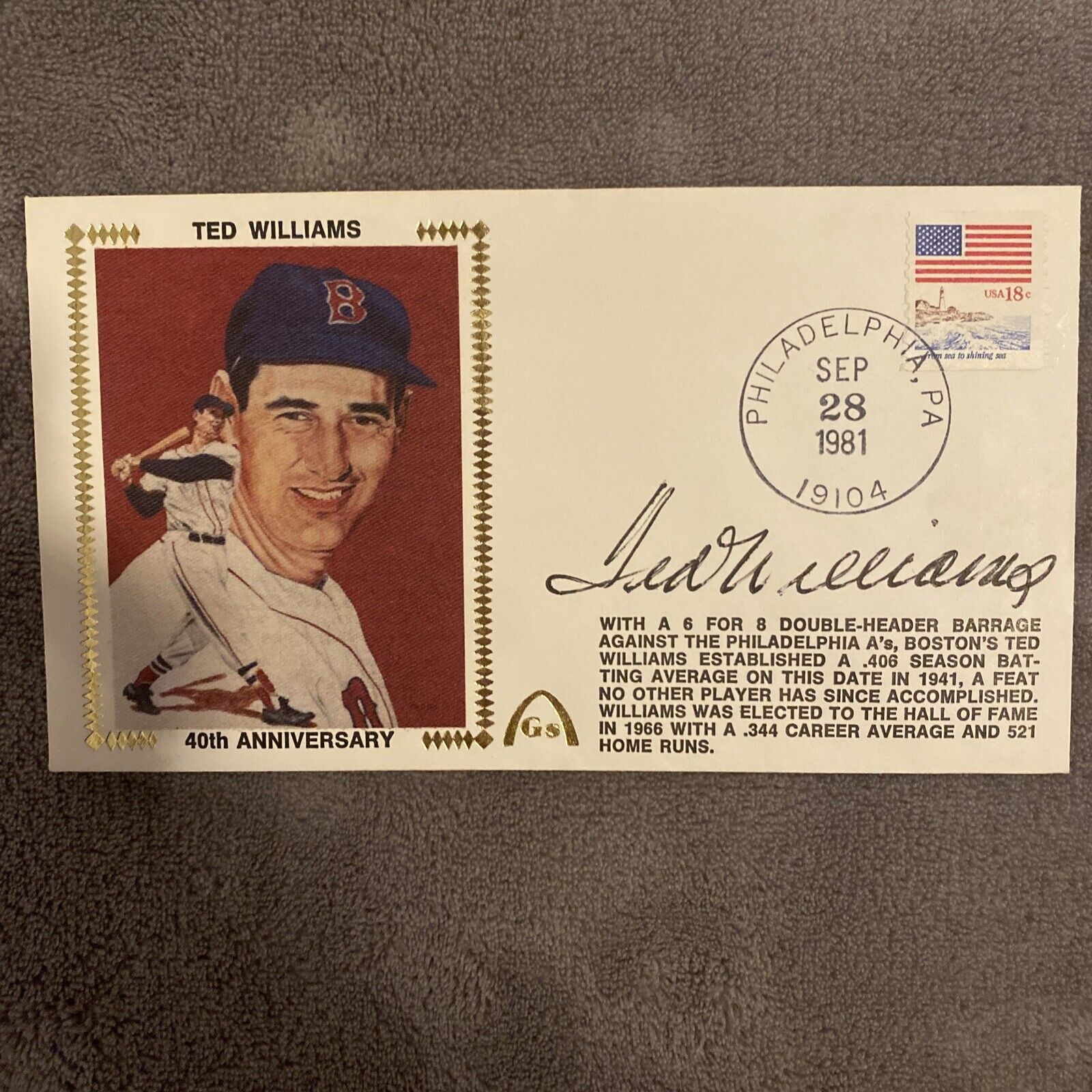 Ted Williams Autographed 40th Anniversary Gateway Stamp Cachet