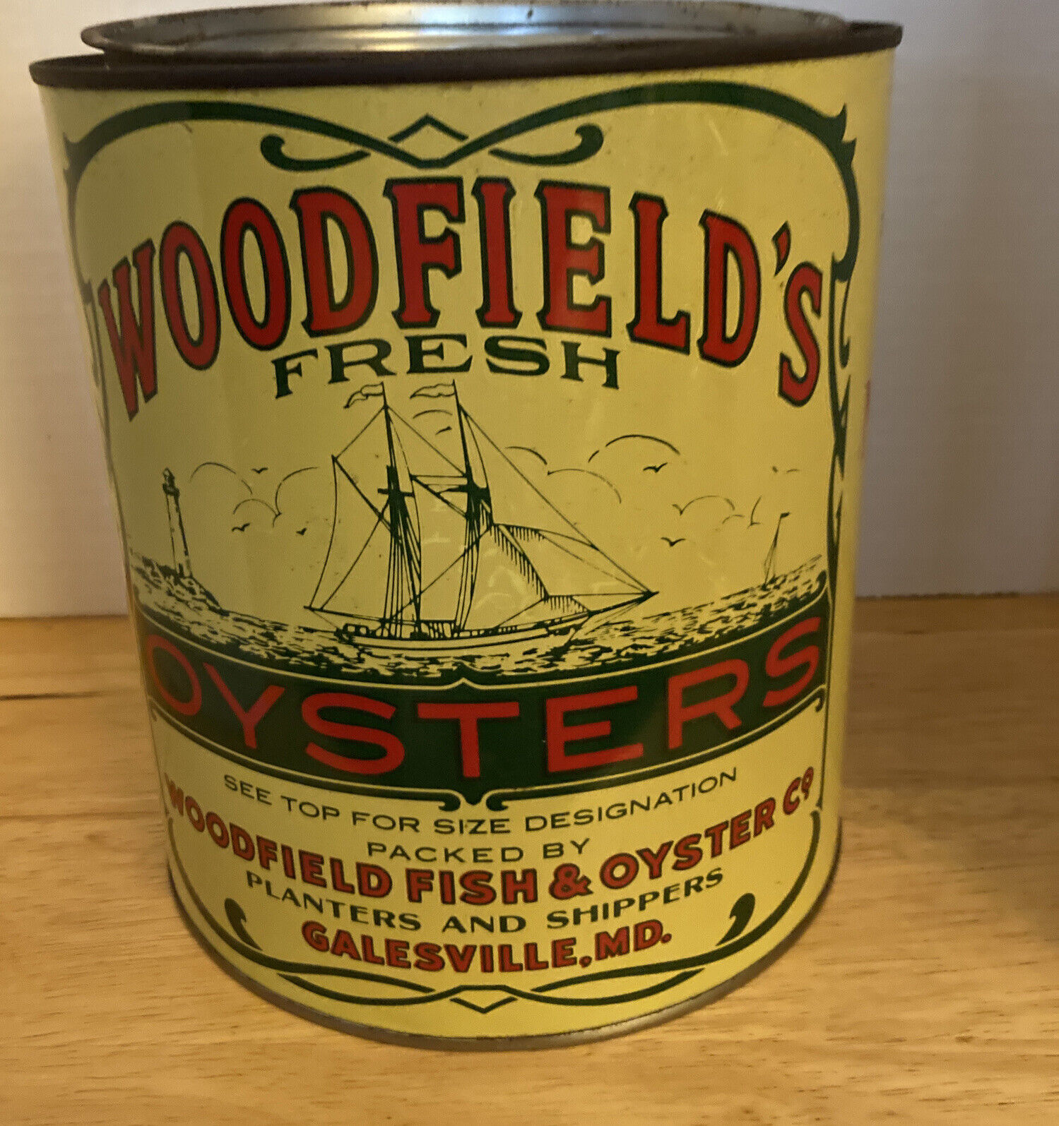 Vintage 1 Gallon Woodfield’s Oysters Tin/Can