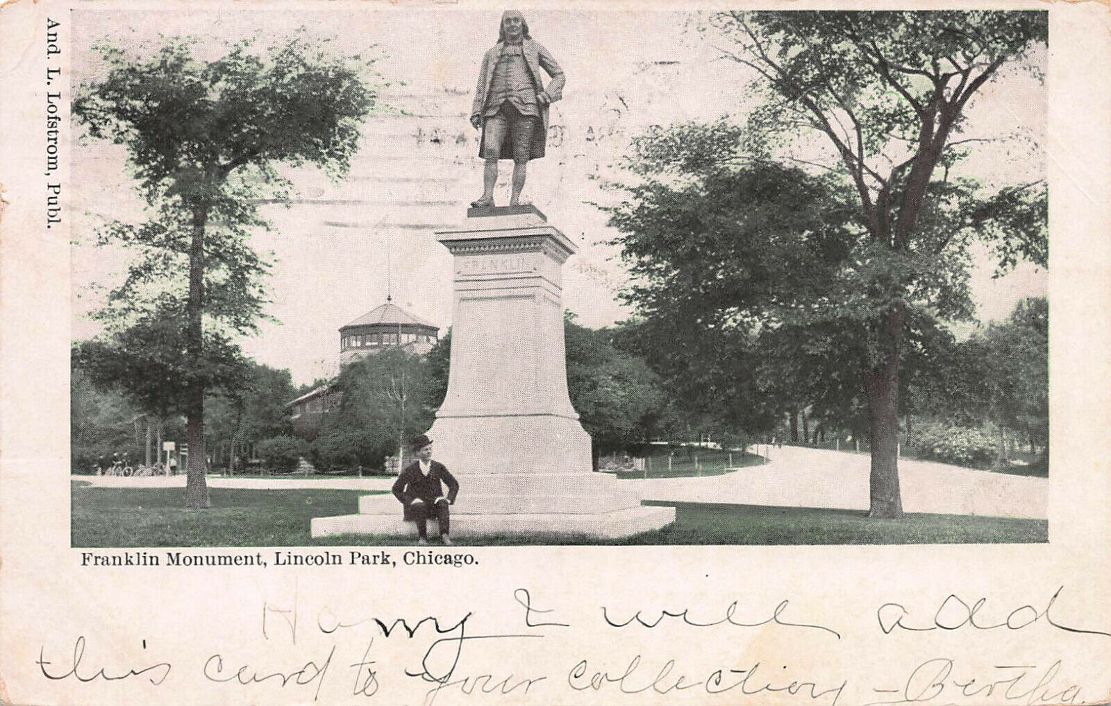Franklin Monument, Lincoln Park, Chicago, Illinois, Early Postcard, Used in 1904