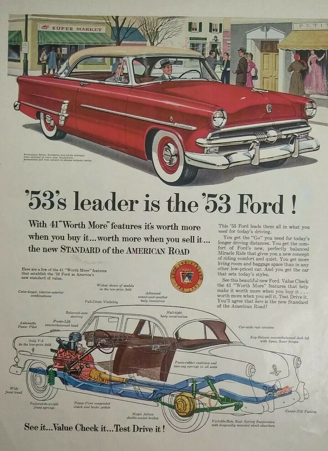 1963 Ford 53 Red Car Automobile Interior Original Vintage Color Print Ad