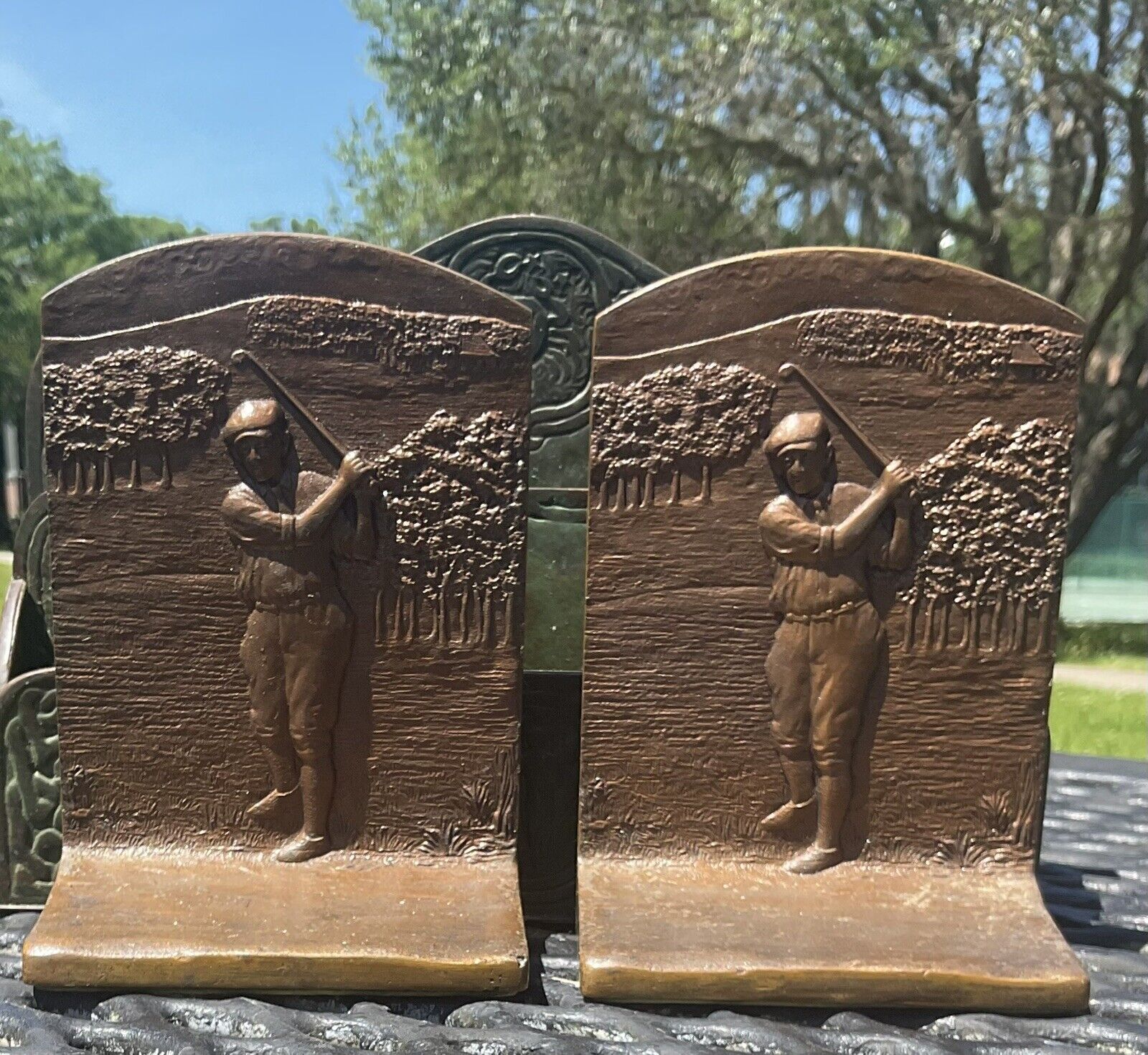 vintage Judd bookends, Golfers, Golf, solid bronze, c. 1925, excellent condition