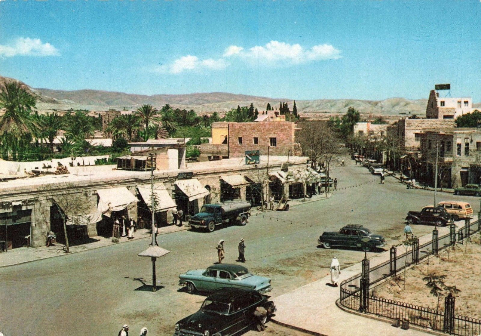 Jericho Palestine, Birds Eye Street View, Old Cars, Vintage Scalloped Postcard