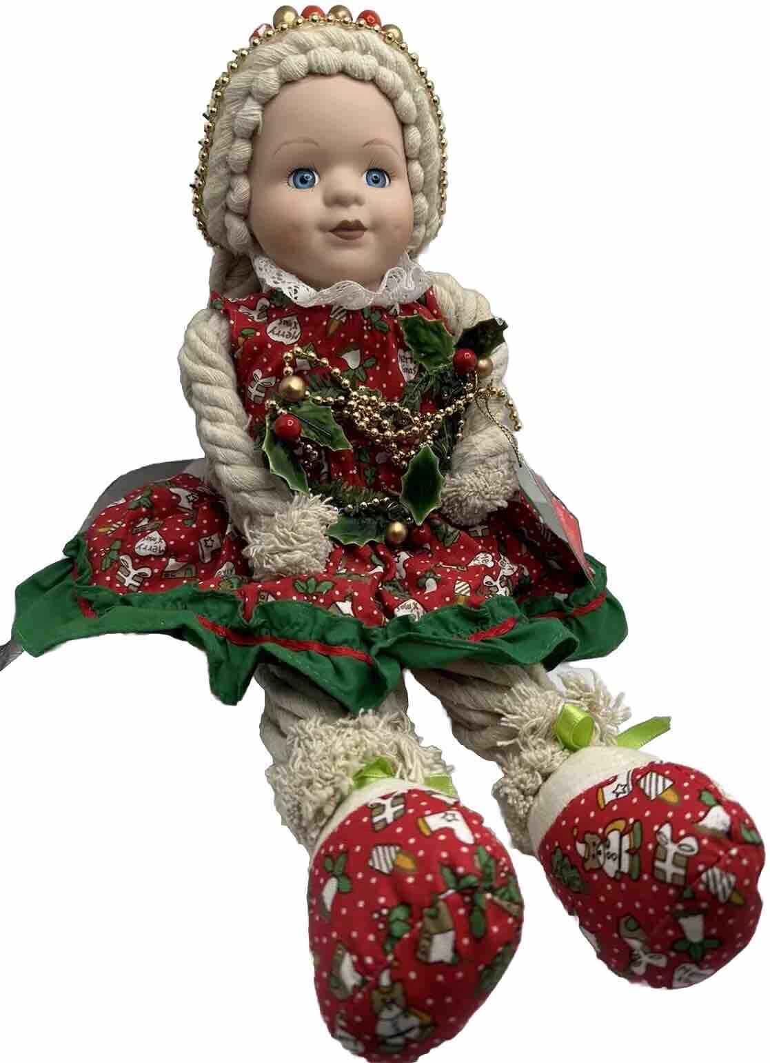 Girl Doll Porcelain Christmas Shelf Doll Hand Crafted VTG Vintage Lovely  