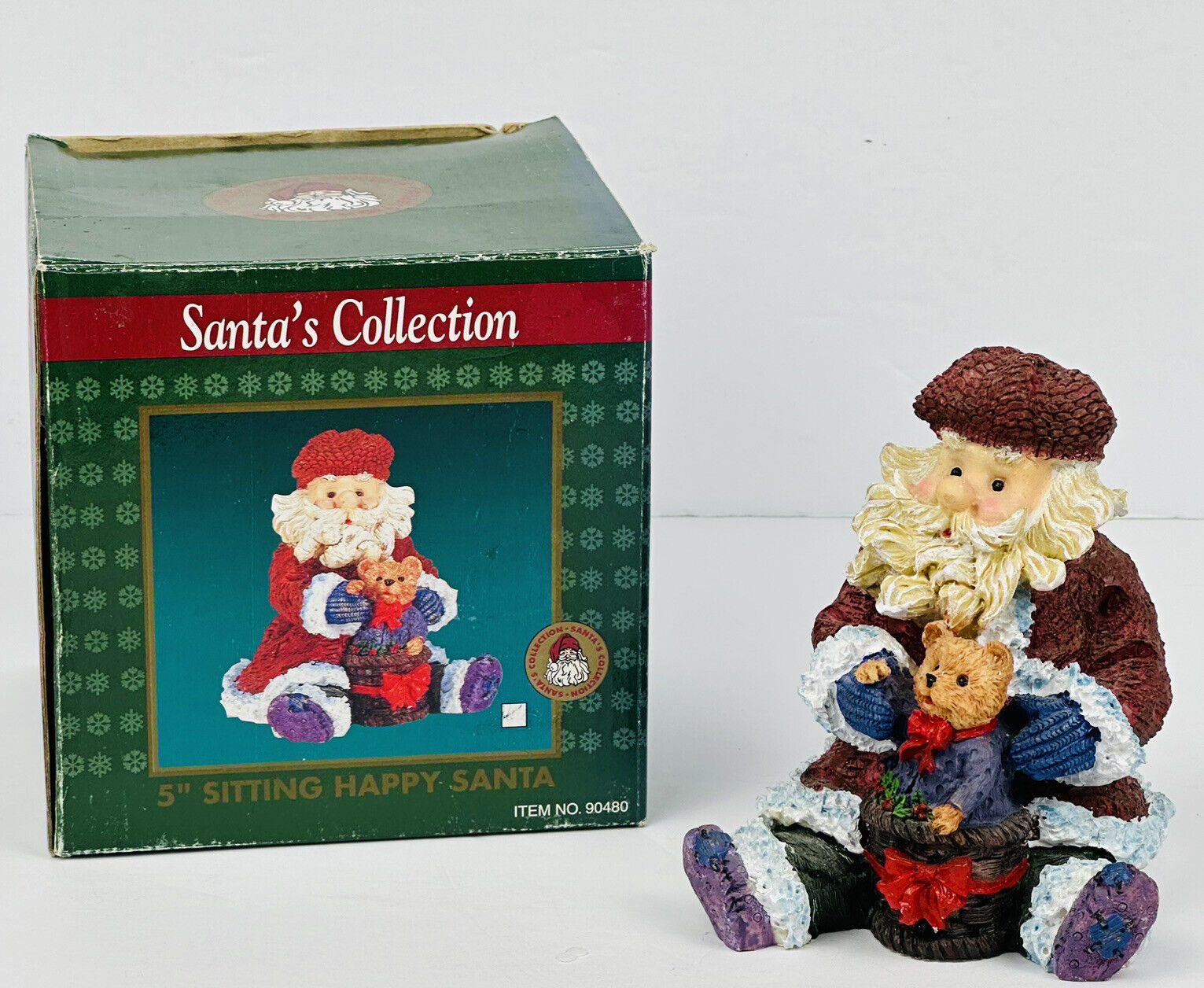 Christmas Figurine Sitting Happy Santa With Bear Vintage 1997 Three Hands Corp 
