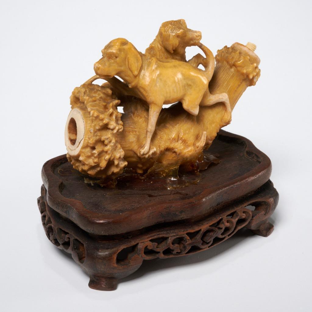 Chinese Vintage Hand Carved Hunting Dogs Meerschaum Pipe on Stand