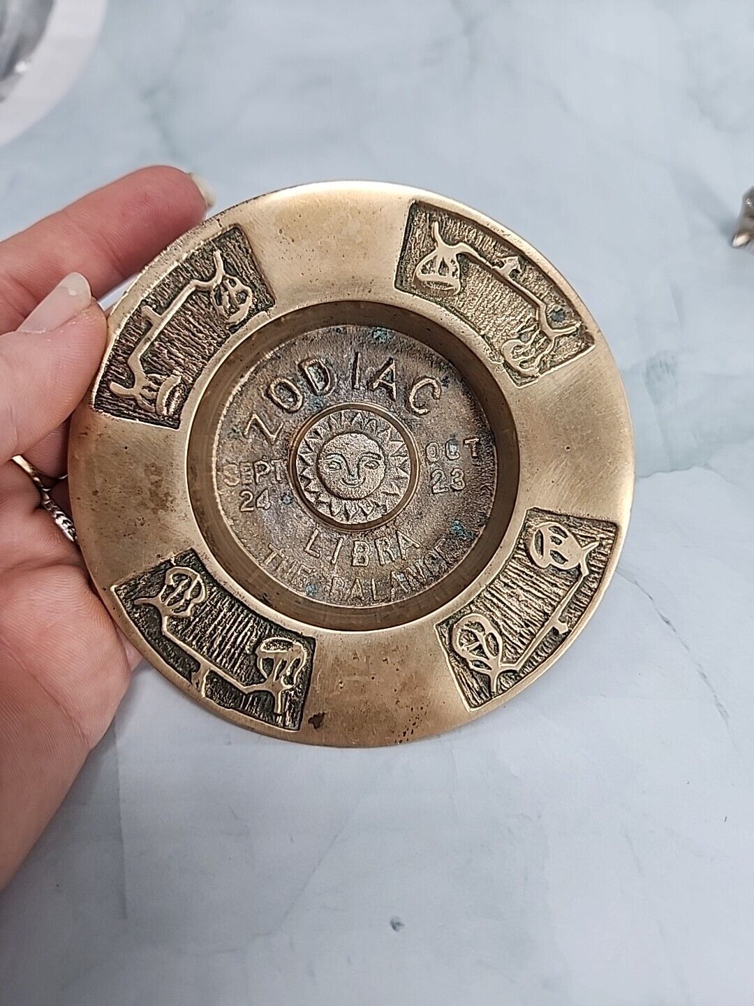 Vintage Zodiac Brass Trinket Dish Horoscope LIBRS Astrology Ashtray Korea