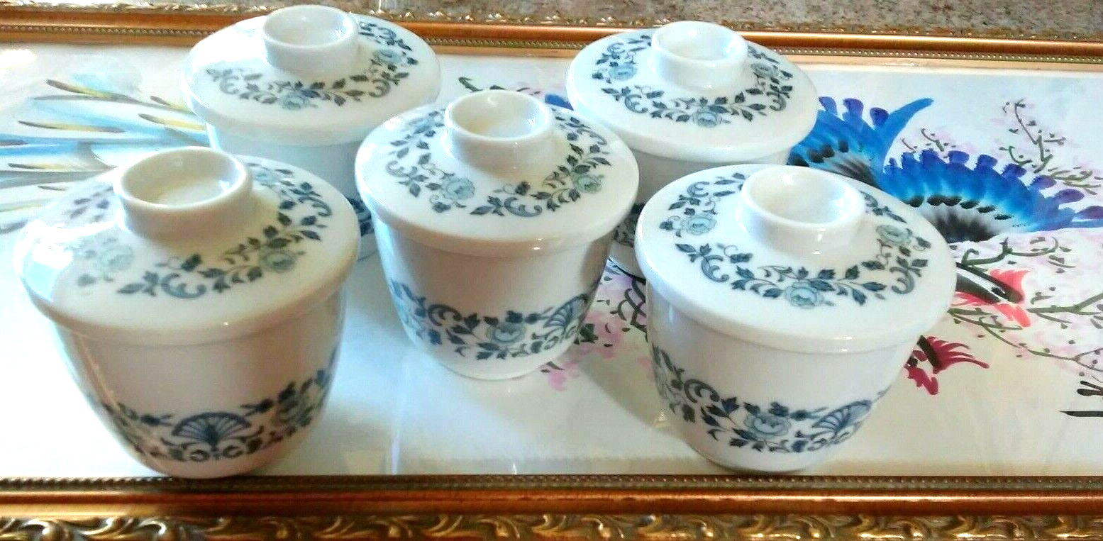Noritake Nippon Toki Kaisha Japan Fine China Royal Blue Tea Cups w/lids Set5 VTG