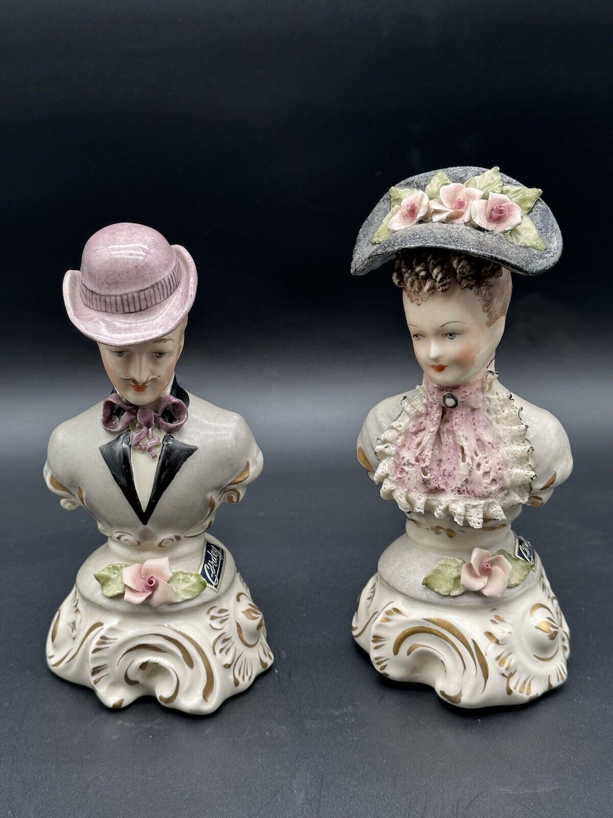 Beautiful Vintage Cordey Pair of Man and Lady Bust Figurines Victorian Style