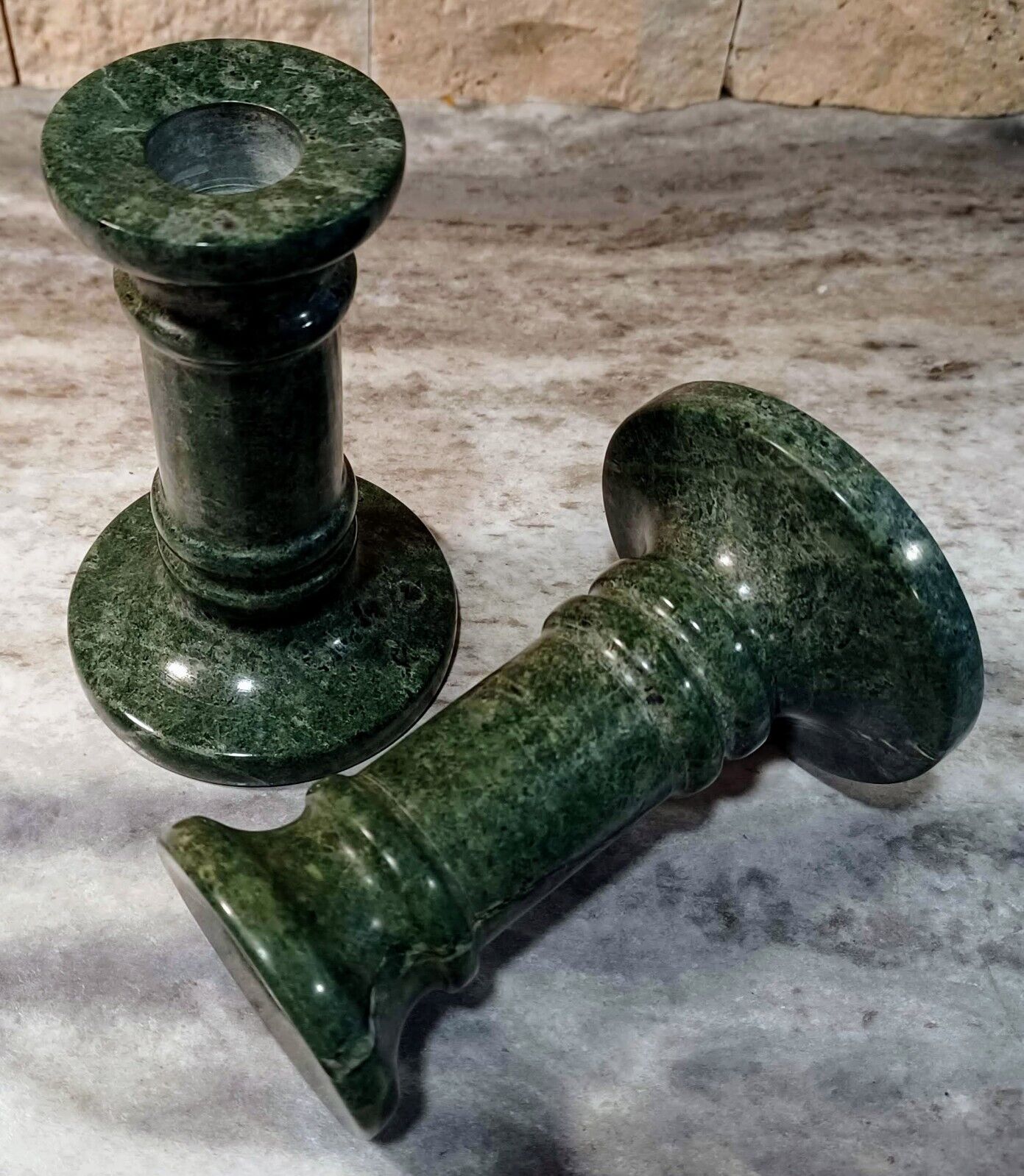 Vintage Green Marble Candlestick Holders Polished Stone 4.5\