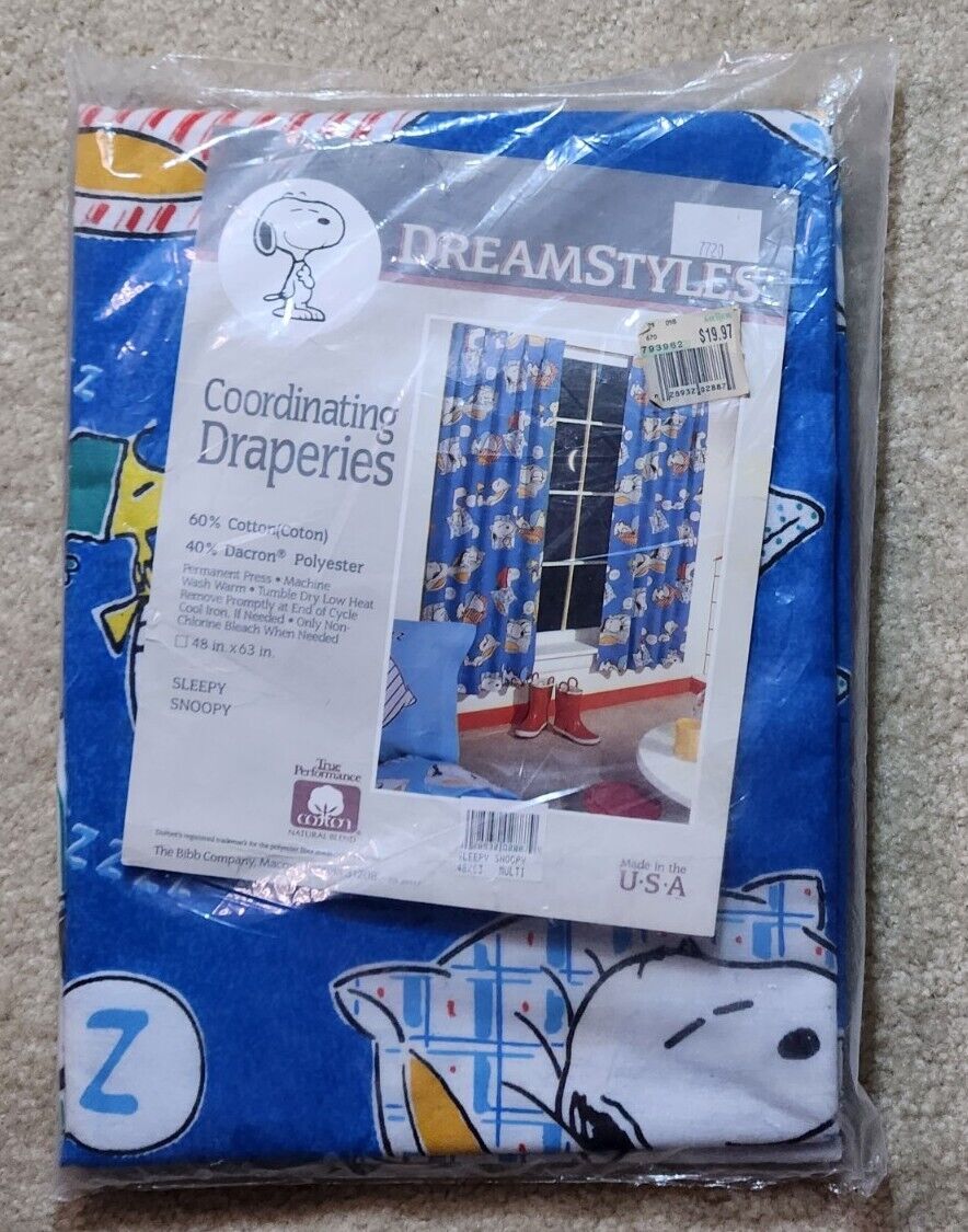Vintage Sleepy Snoopy Peanuts Drape Curtain Blue Dreamstyles NOS