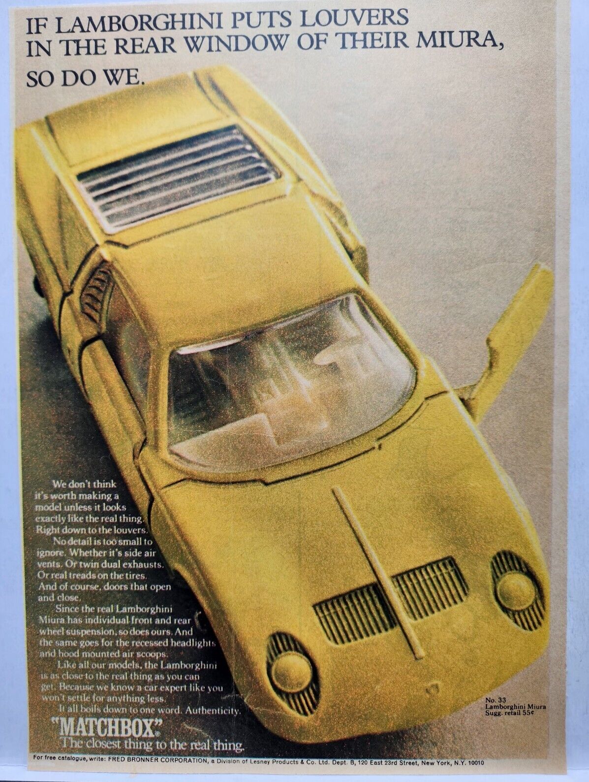 1969 Lamborghini Miura Matchbox #33 Vintage Print Ad Man Cave Poster Art 60's