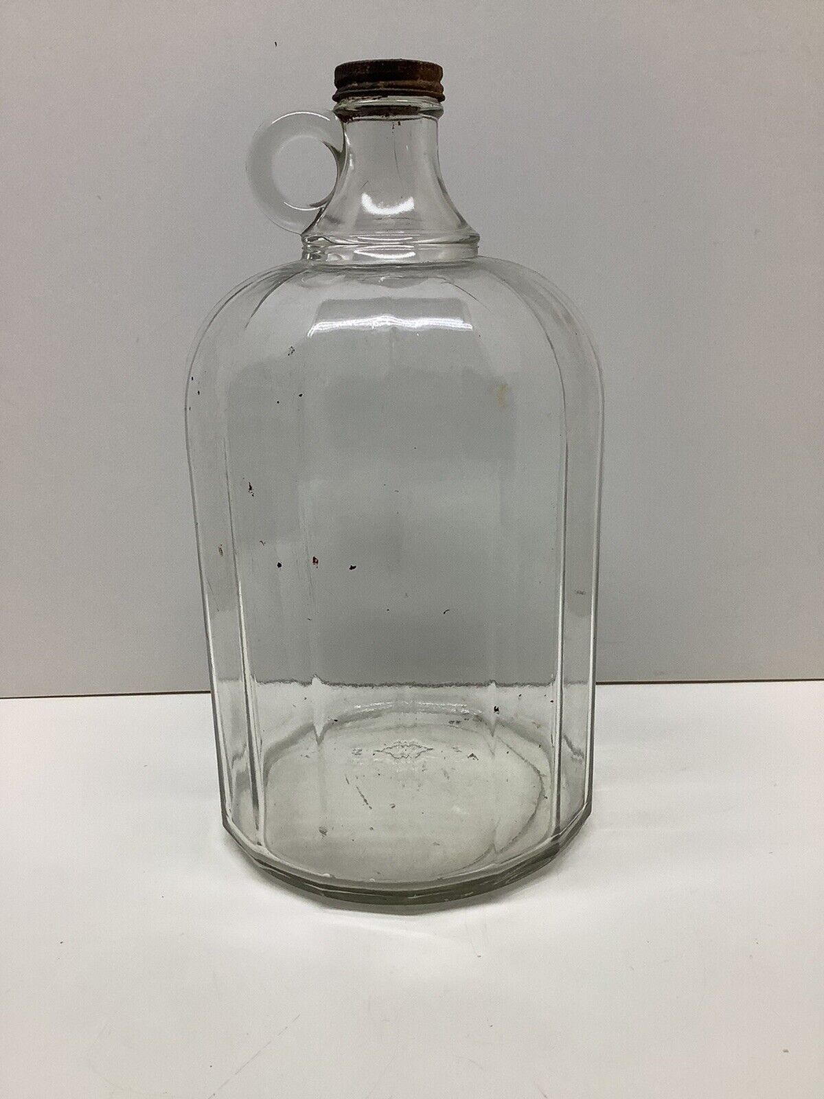 RARE Antique multi faceted gallon clear glass jug w/ finger loop & cap EUC