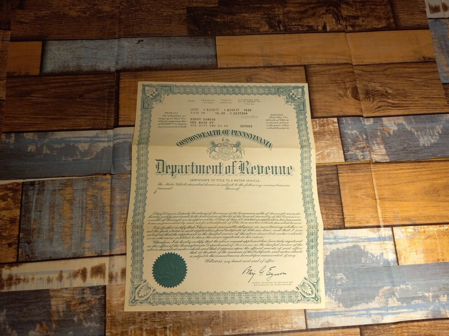 1965 FORD TK P.a vintage title historical document Certificate SEE PICS