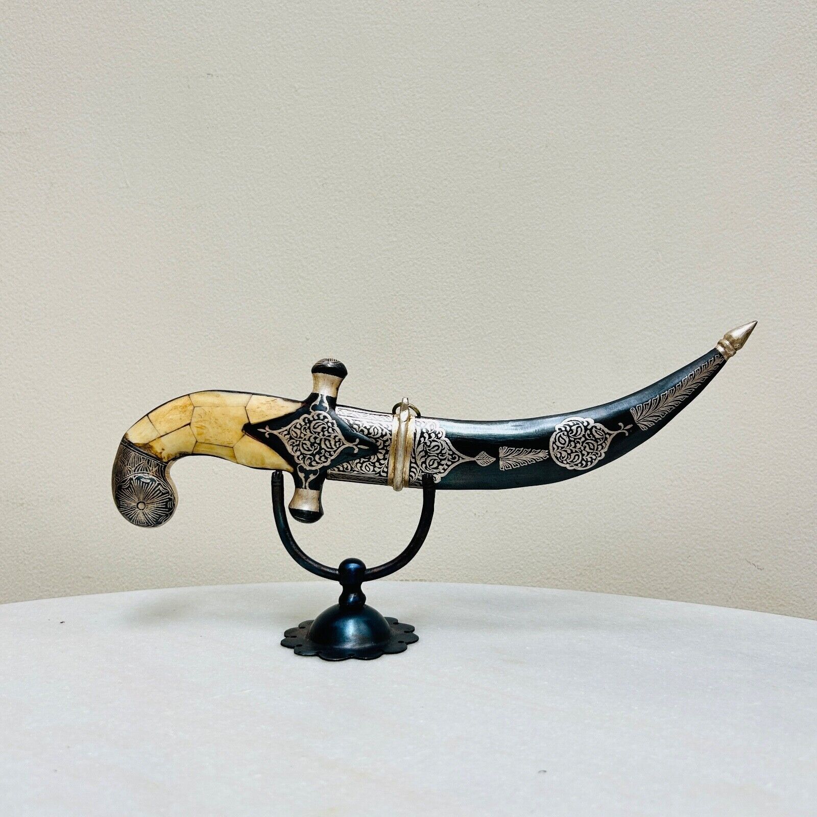 Indian assorted dagger w/ peacock head hilt & damascus blade w/ silver koftgari