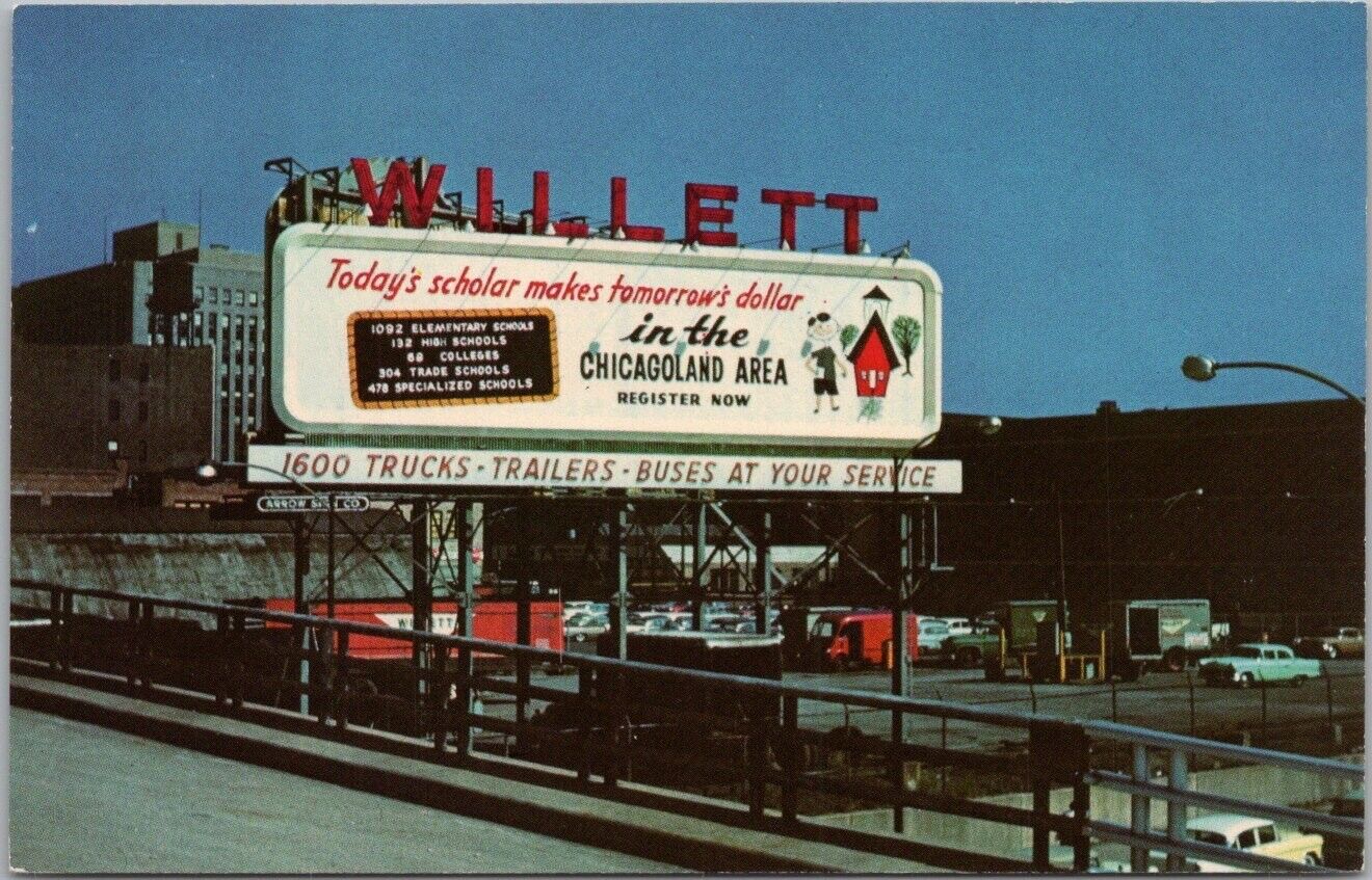 1950s CHICAGO Advertising Postcard WILLETT MOTOR COACH COMPANY Billboard View