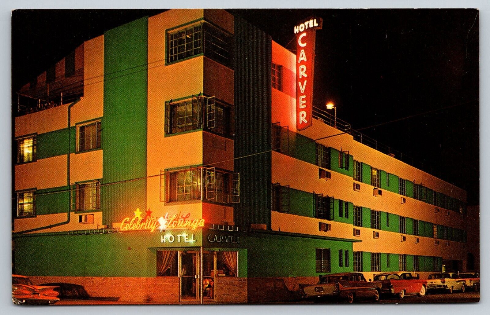 Miami Florida New Carver Hotel at Night Old Cars Postcard