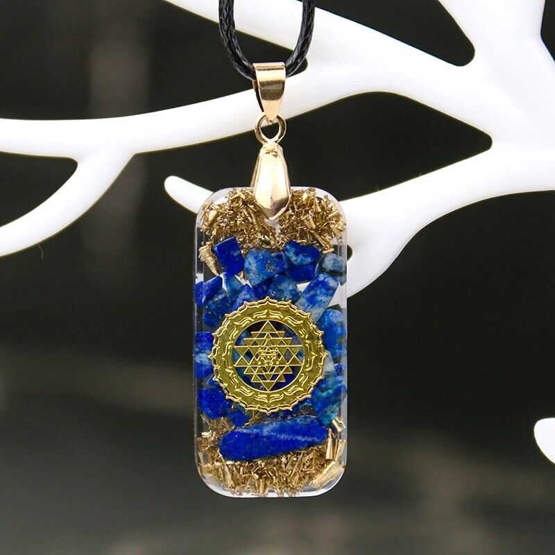 Healing lapis lazuli Sri Yantra Orgone Pendant Necklace Metatron Cube Orgonite