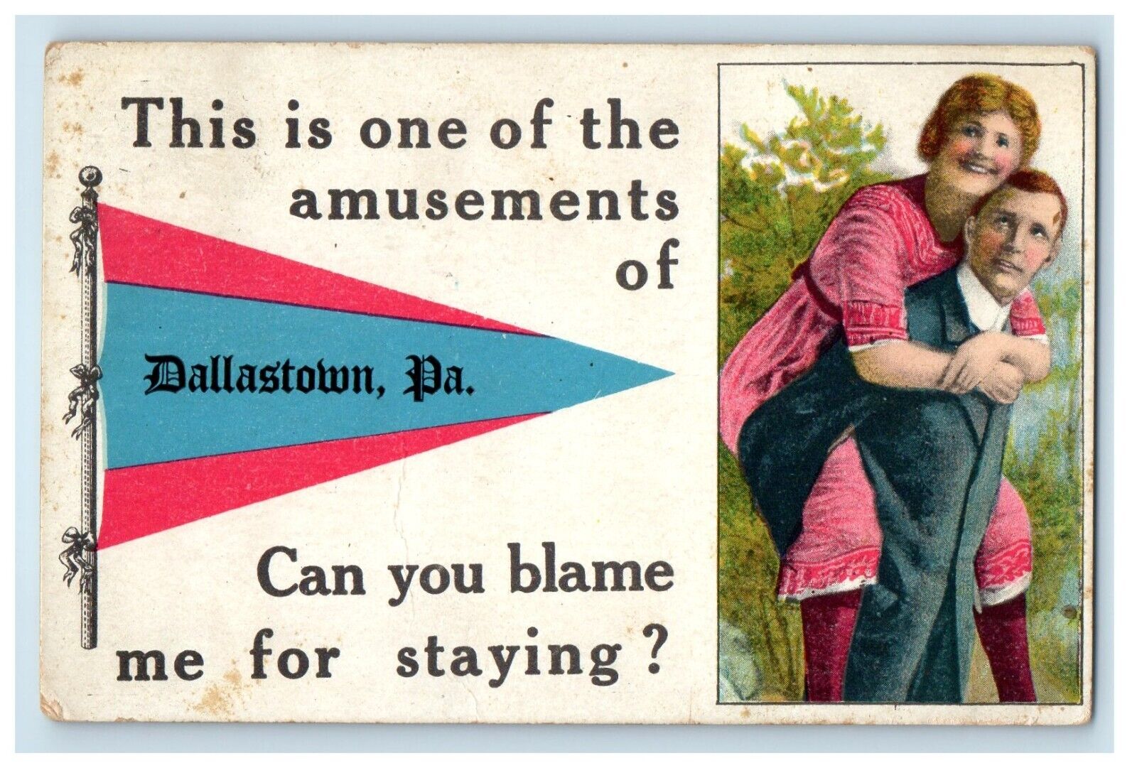 1913 Sweet Couple Pennant Dallastown Pennsylvania PA Posted Antique Postcard