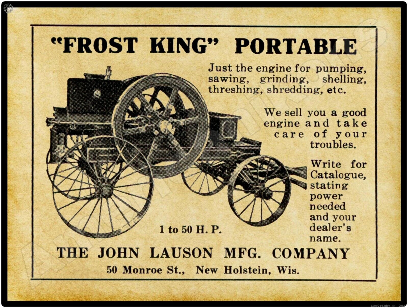 1911 John Lauson Frost King Gas Engines New Metal Sign: New Holstein, Wisconsin