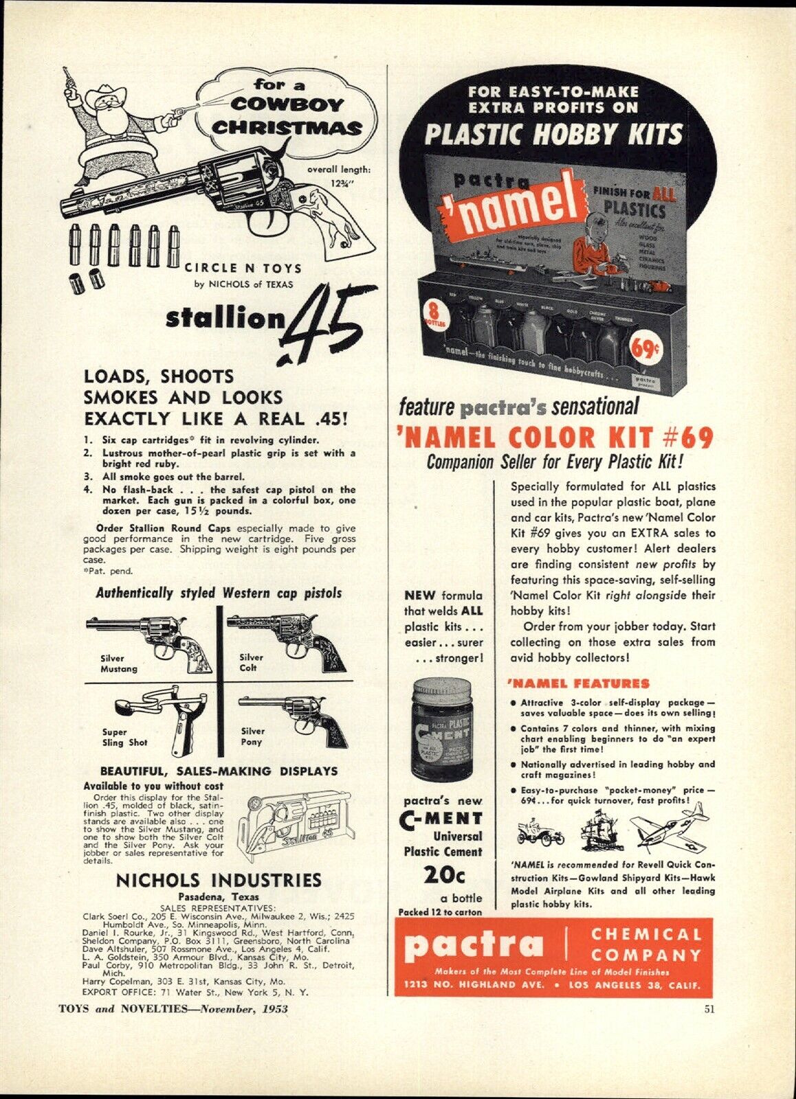 1953 PAPER AD Nichols Ind. Toy Cap Gun Stallion .45 Cowboy Toys