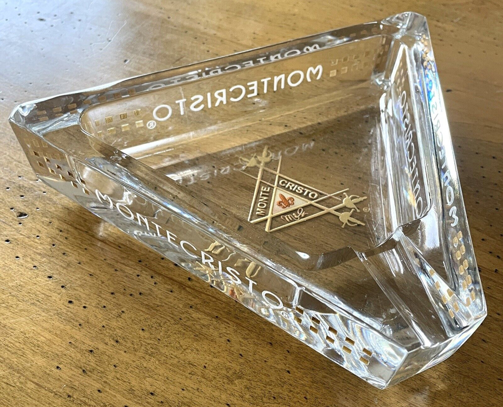 MONTECRISTO Triangle Glass One-Slot Cigar Engraved VTG Sword Logo Ashtray RARE
