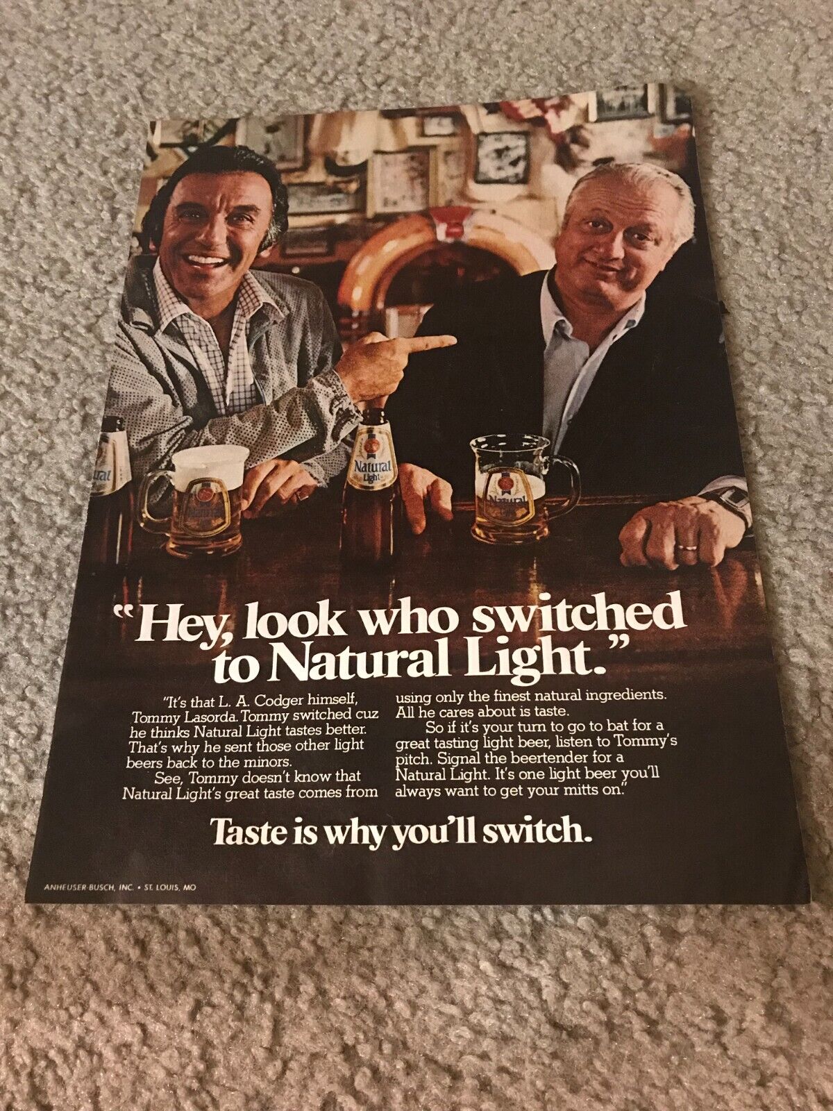 Vintage TOMMY LASORDA 1981 Natural Light Beer Poster Print Ad 1980s L.A. DODGERS