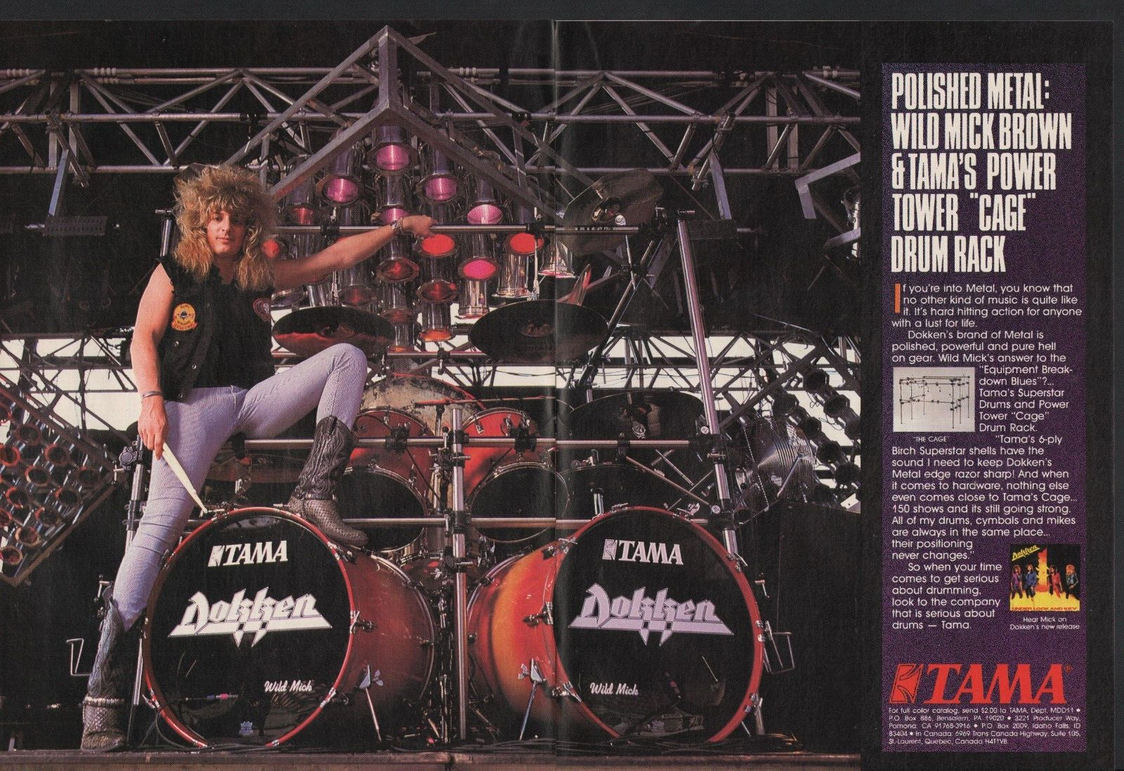 1986 2pg Print Ad Tama Superstar Drums Power Tower Rack w Wild Mick Brown Dokken